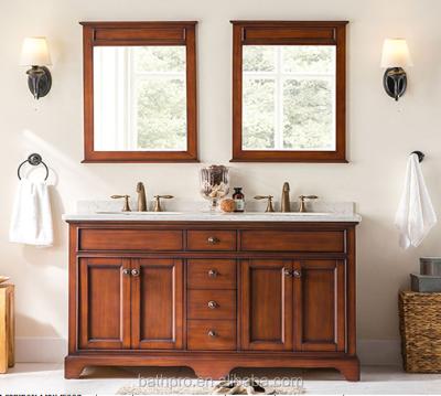 China Antique Double Basins Wooden Oak Style Solid Wood Bathroom Cabinet for sale