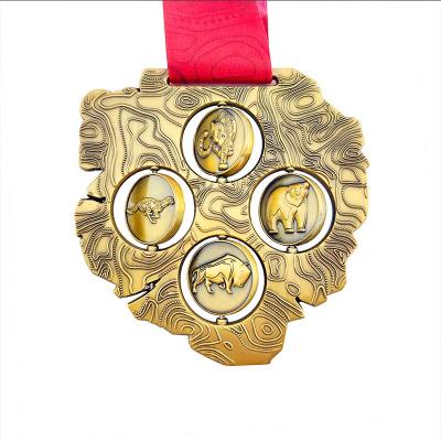 China Custom Antique Europe 3D Gold Plated Trophies and Carnival Make Spinning League Medal Spinning Sports Champions Running Medallion Landyard for sale