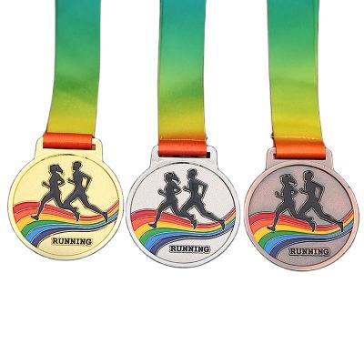 China Wholesale Custom Europe Sports Games Marathon Running Gold Silver Copper Zinc Alloy Metal Award With Ribbon for sale