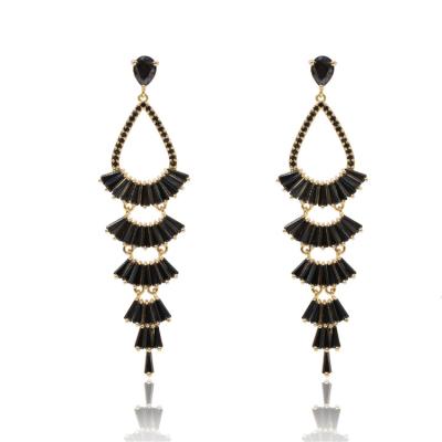 China 2022 Fashion Trendy Glitter Black Zircon Designer Jewelry Real Gold Plated Tassel Earrings Women for sale