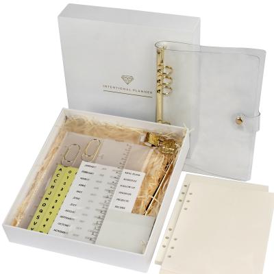 China 100% 2022 Notebooks and Pen Gift Stationery Set Eco-friendly Planner Organizer Clear PVC Binder Gold Journal for sale