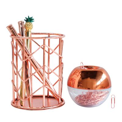 China Simple Rose Gold Metal Hollow Out Pen Holder/ Paper Clip Holder Stationery Desk Set for sale