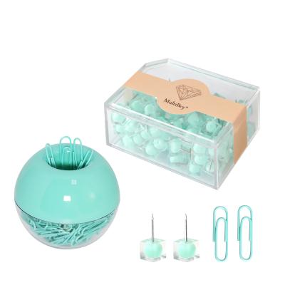 China Desk Organizer Accessories Green Paper Convenient Clips And Push Pins Set With Acrylic Box for sale