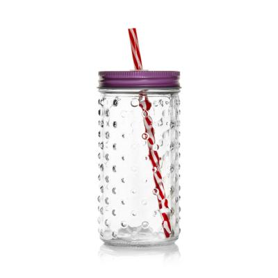 China Wavelet dot Shape glass 370ml juice jar mason jar with llid and straw for sale