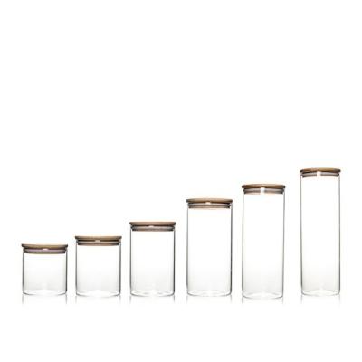 China Custom Design Jar Food Storage Canister Transparent Borosilicate Glass With Bamboo Cover en venta