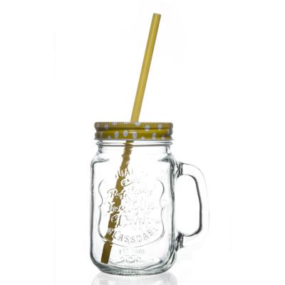 China Duidelijke Decoratieve Ijzerdekking 500 Ml Mason Jar With Handle And-Stro Te koop