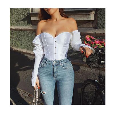 China 221 Fashion Ladies Anti Wrinkle Body Shaper Body Shaper Long Sleeve Sexy One Shoulder Crop Top Women Blouses Solid Color Puff Shirt Crop Tops for sale