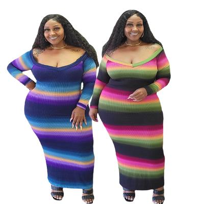 China 028 new viable arrive drop plus size women apparel stripe shoulder sleeve long plus size dress for fat woman for sale