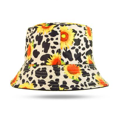 China Adult Outdoor High Quality Custom Wholesale Fashion Sunflower Print Reversible Picture Bucket Hats for sale