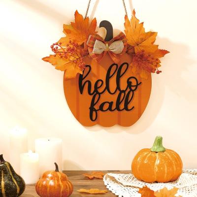 China Harvest Autumn Pumpkin Thanksgiving Festival Decoration Wreath with Wooden Hanging Sign for Autumn Front Door Wreath with Pumpkins for Thanksgiving for sale