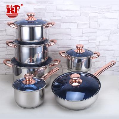 China Sustainable European Style 12-Piece Stainless Steel Cookware Set Tube Handle Gold Blue Glass Lid for sale