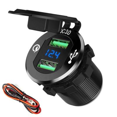 China 36W Coverage 3.0 Dual USB Car Charger Plug Waterproof Aluminum Quick Fast Power Adapter With LED Voltmeter for sale