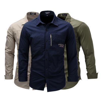 China Custom Made Shirts Men Military Outdoor Plus Size Casual Shirts Long Sleeve Lapel Zipper Shirt Anti Shrink Cotton for sale