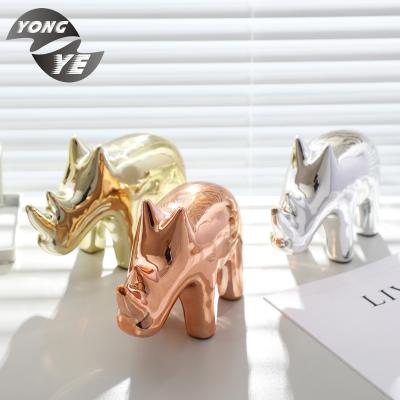 China Gold Plated Ceramic Home Decor Sculpture Rhinoceros Shape Vivid Animal Figurines Gold Plated Ceramic Figurines for sale