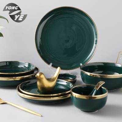 China Sustainable Modern Decorative Gold Green Ceramic Kitchen Set Rim Of Eight Dinnerware Sets for sale