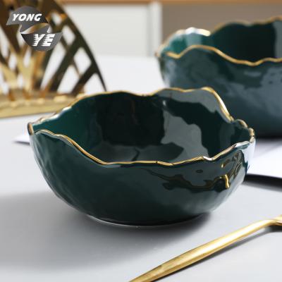 China Viable modern kitchen gold rim green color sala bowl decorative ceramic ceramic dinnerware for sale