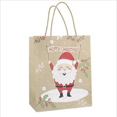 China Custom Recyclable Cheap Pattern Recyclable Santa Logo Christmas Brown Kraft Paper Gift Bags for sale