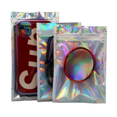 China Recyclable HOLOGRAPHIC CUSTOM Logo Spot Current Stock Laser Merchandise Ziplock Packaging Plastic Bags for sale