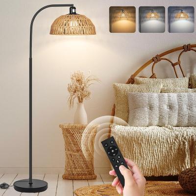 China Farmhouse Rattan Floor Lamp- Modern Black Standing Floor Lamps with Remote Control and Stepless Dimmable Bulb for sale