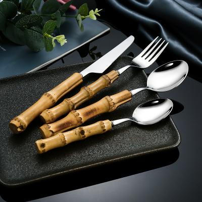 China Disposable Wholesale Eco Friendly Spoons And Forking Silverware Flatware 304 Stainless Steel Handle Stainless Bamboo Cutlery for sale