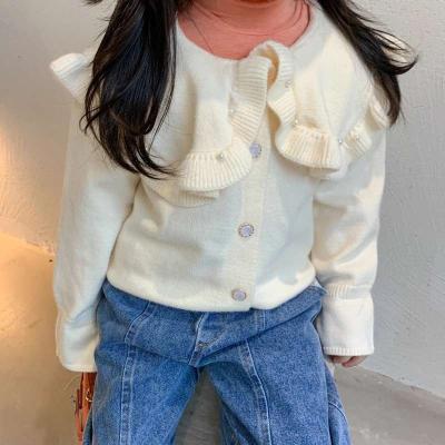 China Cute Children's Cardigan Pearl Decoration Little Girls' Sweaters Solid Color Autumn Children's Cardigan for sale