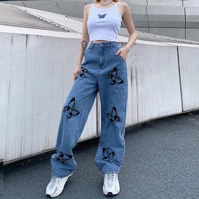 China QUICK DRY loose butterfly printed lattice denim ladies pants fashion new look female wide high leg stylish waist jeans for women for sale