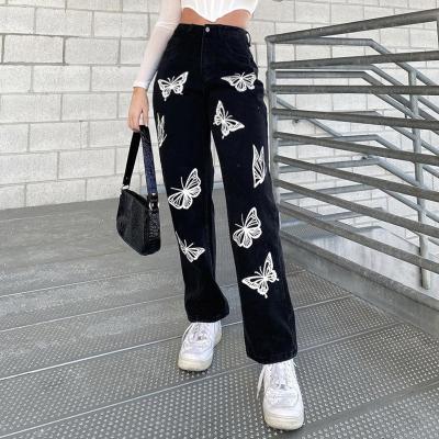 China 2021 new arrivals women's clothing QUICK DRY butterfly printed black jeans fashion highwaist elegant ladies mujer high waisted women for sale