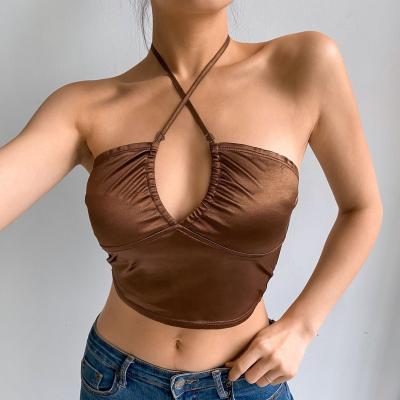 China 2021 new arrivals mujer polyester summer ladies plain sexy women's halter neck crop tops custom anti-shrink bulk wholesale brown for sale