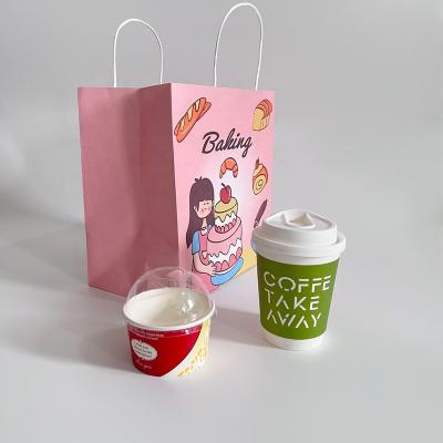 China Wholesale Cheap Biodegradable Custom Food Wrapping Paper Logo Printing Disposable White Purple Pink White Takeout Paper Bag With Handles for sale