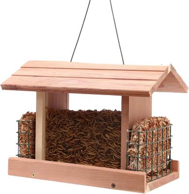 China Viable Outdoor Garden Decor Hanging Red Outdoor Cedar Wooden Wild Pet House Window Bird Feeder for sale