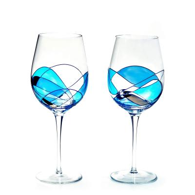 China New Classic/Postmodern Handmade Hand Painted Blue Line 29 oz Handblown Mediterrani Wine Glass for sale