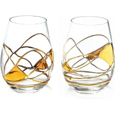 China New Classic/Postmodern Handpainted Gold Line Handblown Wine Glass 21 Ounce Stemless Wine Glass With Gold Swirl for sale