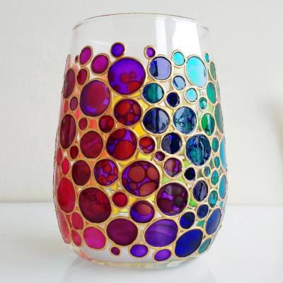 China New Custom Made Stemless Classic/Postmodern Rainbow Wine Glass Hand Painted Wine Glass for sale