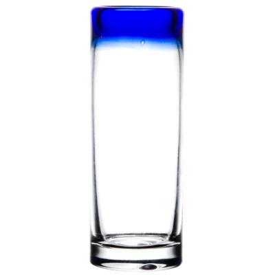 China New classic/postmodern MEXICAN GLASSWARE 2 oz handcrafted repurposed artisan crafted. Cobalt Blue Rim Mexico Tequila Shot Glass for sale