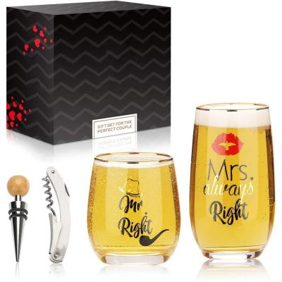 China New Classic / Postmodern Mr. Right and Mrs. Always Right Beer Wine Glass Couple Cups Gifts Set with Bottle Opener, Wine Stopper for Engagement for sale