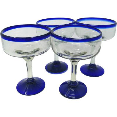 China New Classic/Postmodern Mexican Swollen Blue Rim Margarita Glass Hand Blown Glass Set of 4 Hands for sale