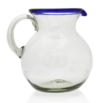 China Hand Blown Glass Lace Jug Glassware Minimalist Mexican Repurposed Glass Jug Blue Rim for sale