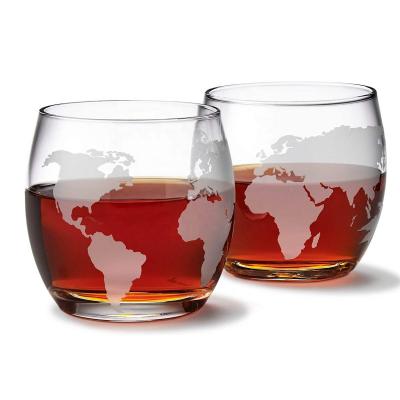 China New Classic/Postmodern Set of 2 Old Fashioned Burbon Whiskey Glasses Rotating and Tilting Globe Map Whiskey Etched Glass for sale