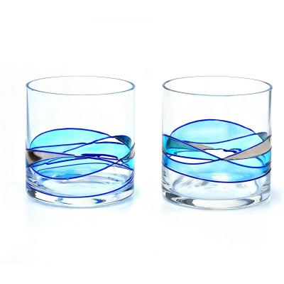 China New Unique 12Oz Blue Line Classic/Postmodern Hand Painted Mouth Swollen Stunning Features Old Fashioned Bourbon Crystal Glass Whiskey for sale