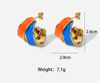 China Fashion 14K Gold Ins Style Stainless Steel Earrings Colorblock Blue Orange Oil Geometric Stud Earrings for sale