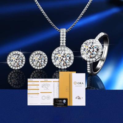 China S925 Sterling Silver Jewelry Set Moissanite Round Pack Ring Earring Necklace Female Gra Romantic Hot Sale Certificate for sale