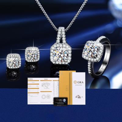 China Hot Sale Romantic S925 Sterling Silver Moissanite Square Bag Ring Stud Necklace Women Jewelry set of three pieces for sale