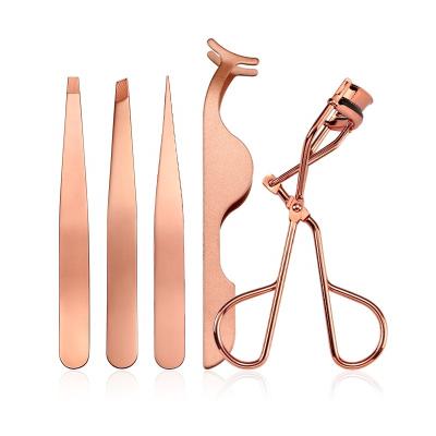 China Beauty Luxury Hot Sale Stainless Steel Tweezers Eyelash Curler 5 PCS Rose Golden Color Eyelash Curler Tool Kit for sale