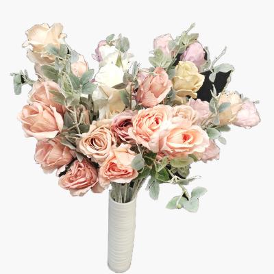 China Wedding Hot Sale Rose Flower Bouquet Simulation Roses Group of 3 Heads Decoration Artificial Silk for sale