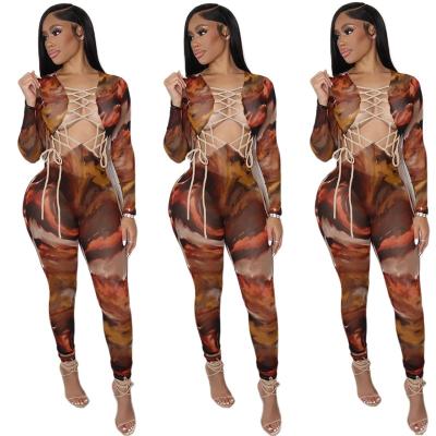 China Anti-pilling Sleeve Bandage Clothing Rompers 2022 New Boutique Women Long Tie Dye Jumpsuits For Women Sexy Hollow Out Bodycon Overalls for sale