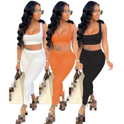 China 2021 summer solid color QUICK DRY casual two-piece pants set girl backless crop top two-piece set wholesale for sale