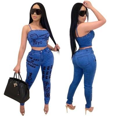 China QUICK DRY Jean Set Clothes Vendor Women Clothing 2 Piece Set for Polka Dot Cover and Pencil Pants Casual Two Piece for sale