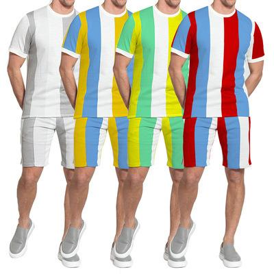 China Hot QUICK DRY 2021 Summer Men's Short Sleeve T-shirt and Shorts Set Men's Casual Stripe Printing 2 Piece Short Set for sale