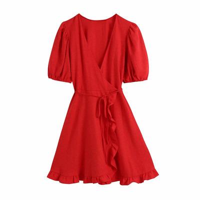 China 2021 Summer Red Color Breathable Women Ruffles V-Neck Sleeve Midi Dress Elegant Casual Dresses Short Ladies for sale