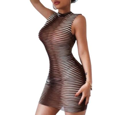 China Anti-Static Dye Print Zebra Perspective Sexy Perspective Tight Sleeveless Tie Dye Mini Short Dress Tight Contrast Color See Through Club Dresses for sale